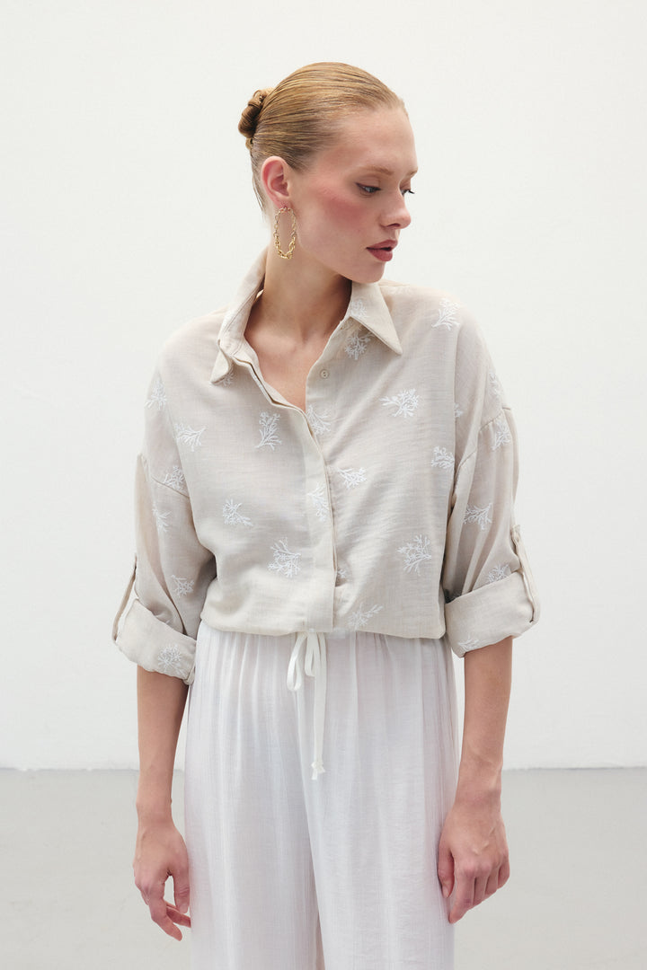 Sateen Chemise Ample Brodée - Beige