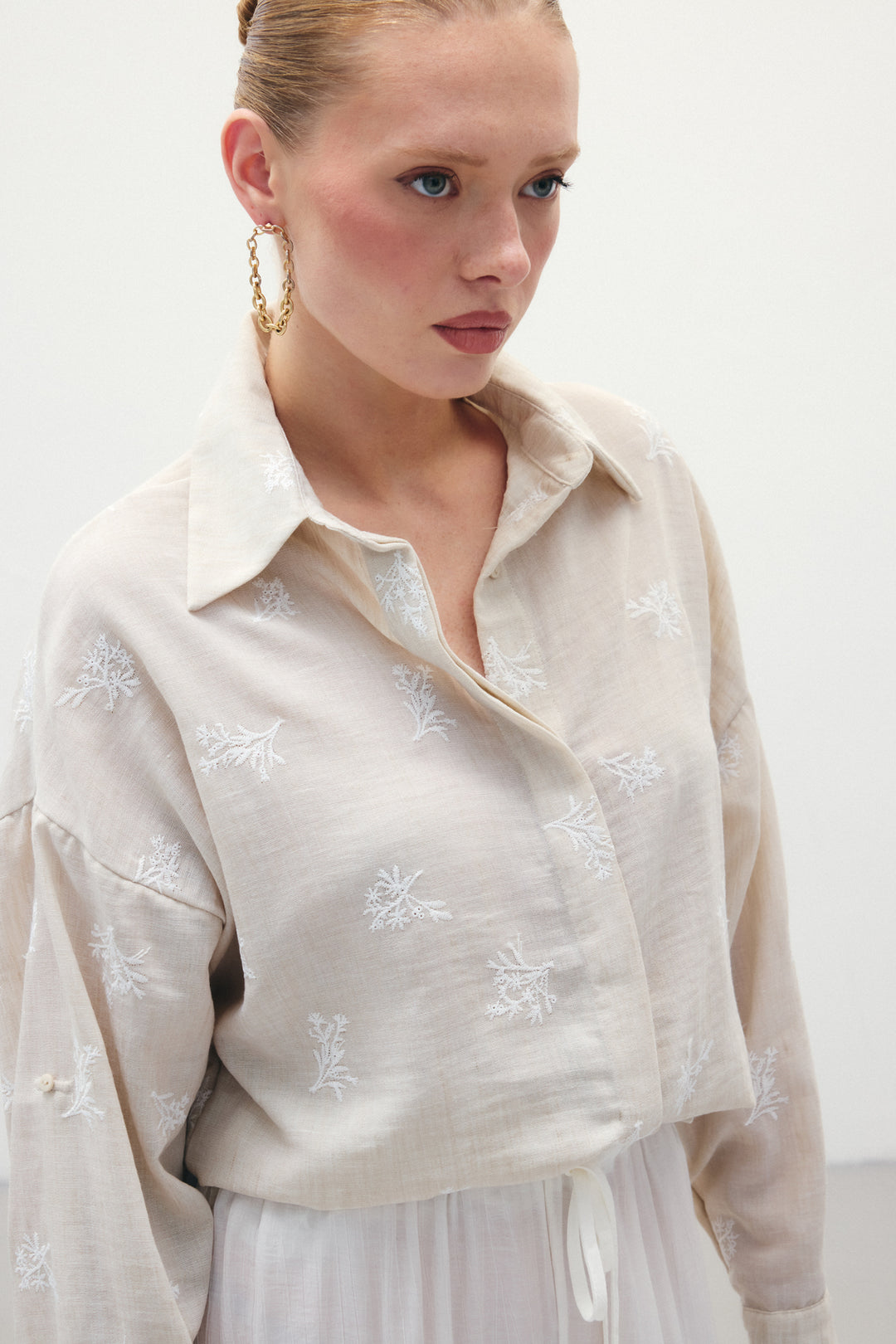 Sateen Chemise Ample Brodée - Beige