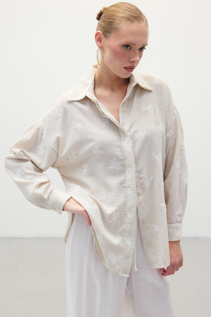 Sateen Chemise Ample Brodée - Beige