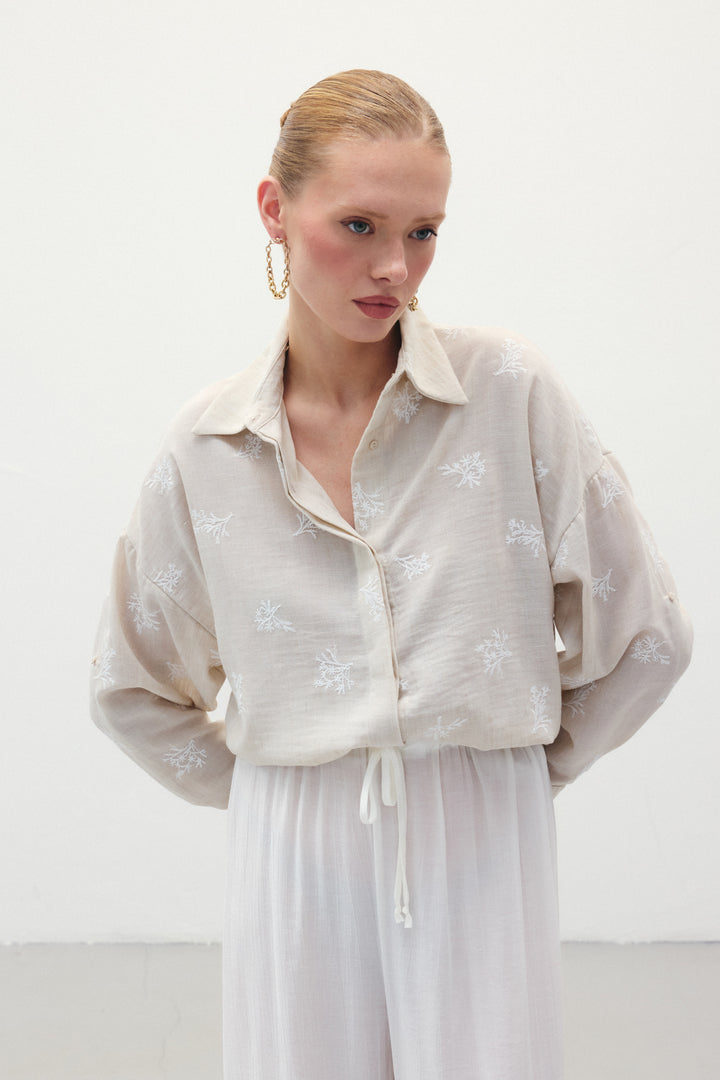 Sateen Chemise Ample Brodée - Beige