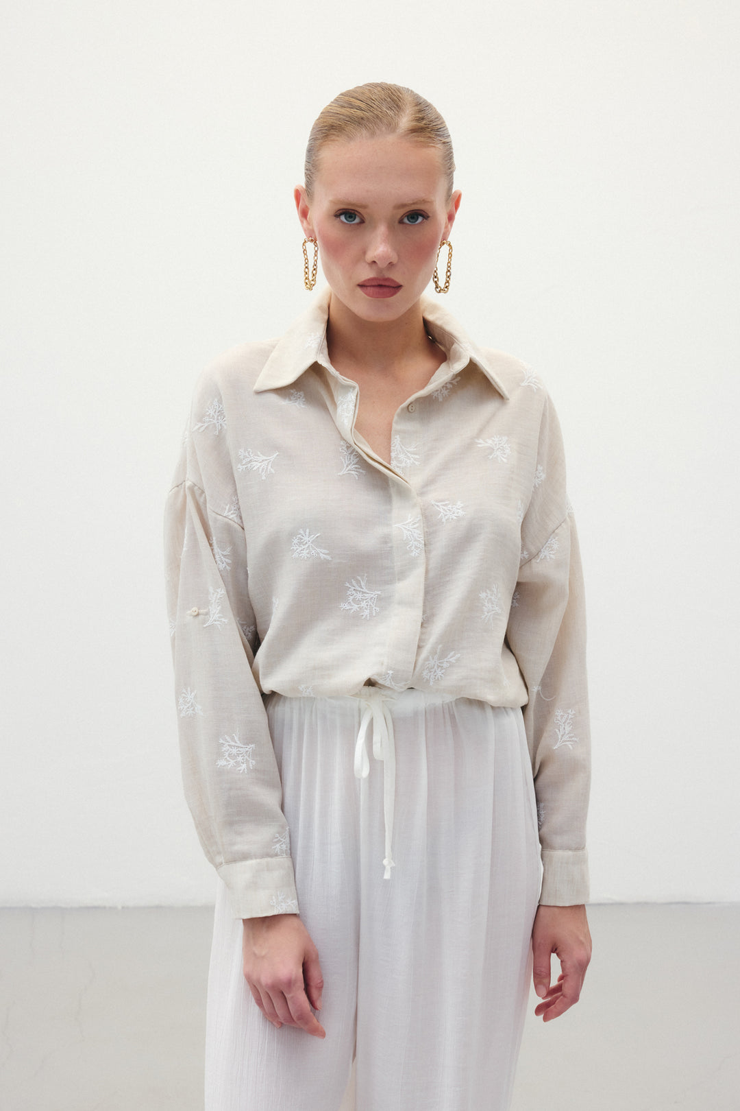 Sateen Chemise Ample Brodée - Beige