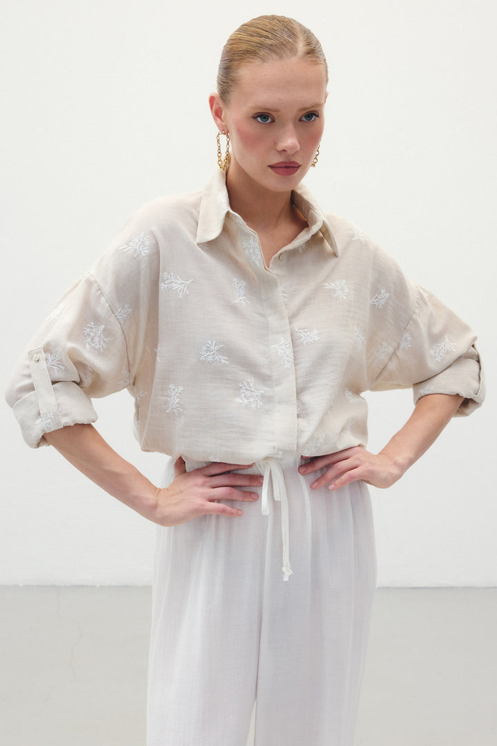 Sateen Chemise Ample Brodée - Beige