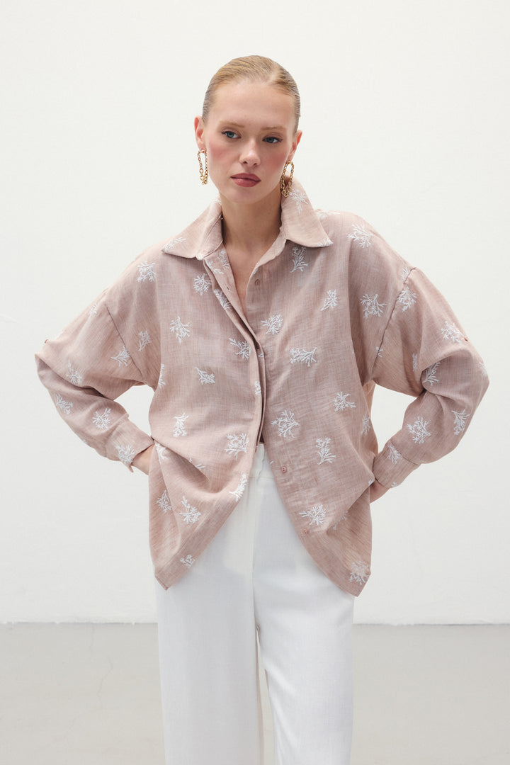 Sateen Chemise Ample Brodée - Poudre