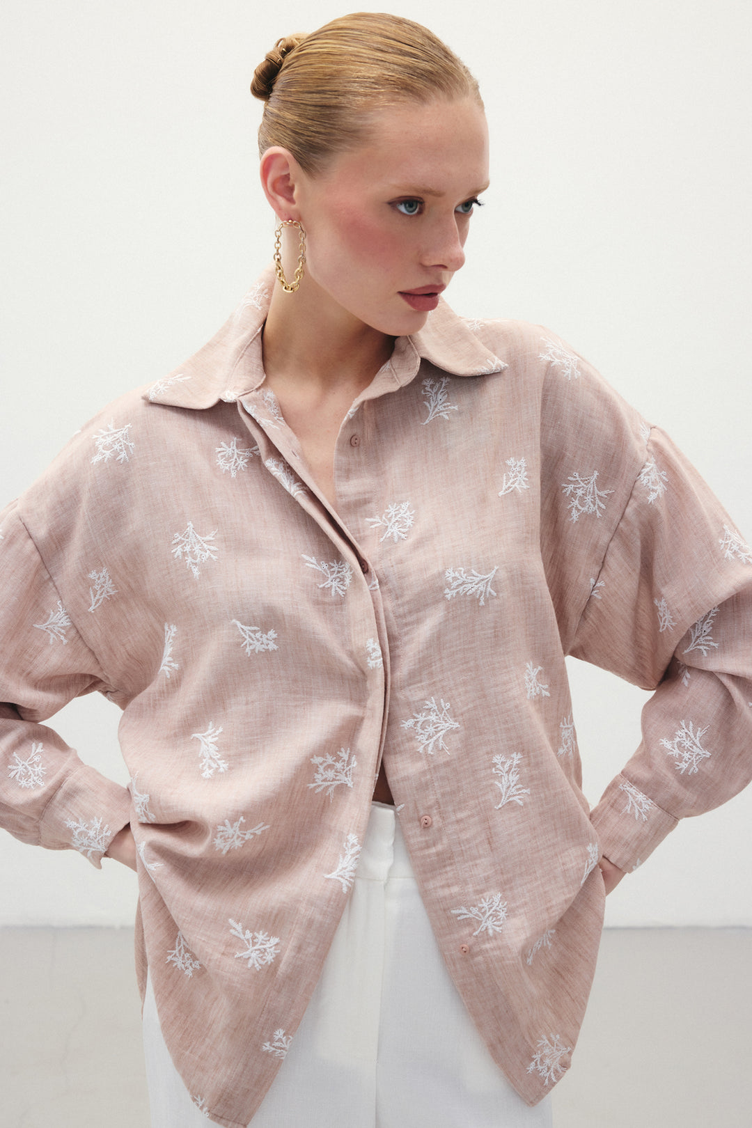 Sateen Chemise Ample Brodée - Poudre