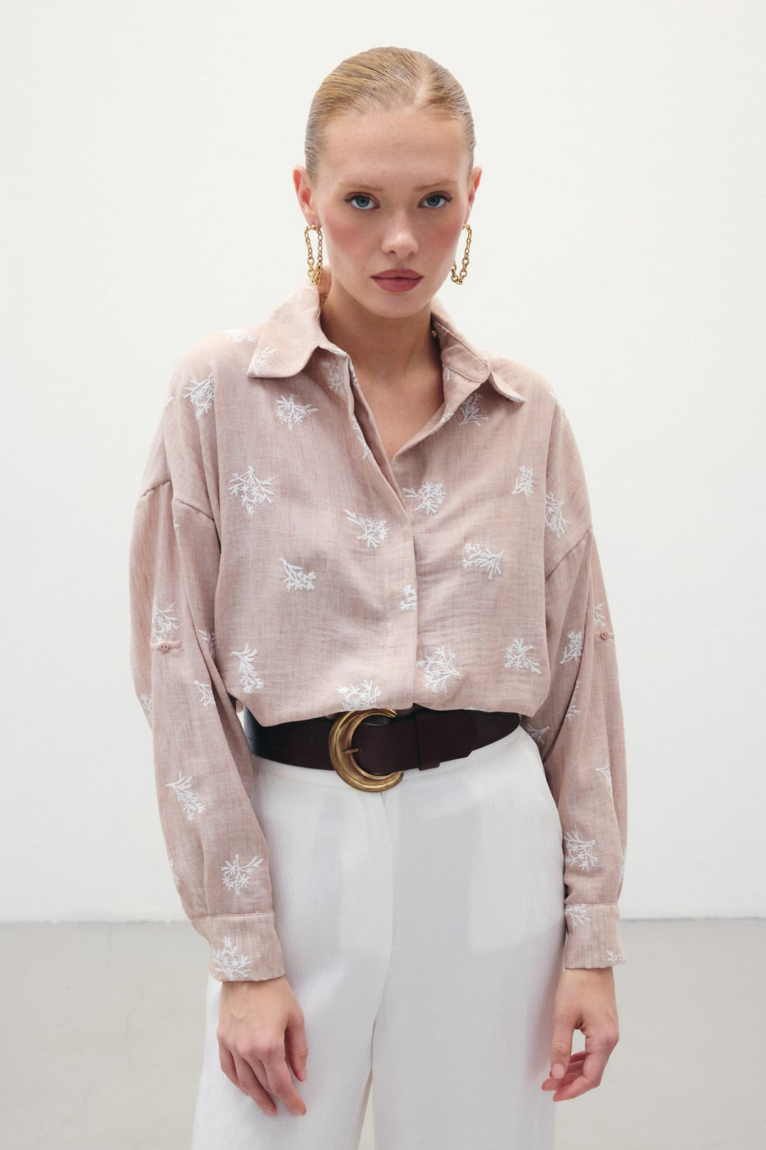 Sateen Chemise Ample Brodée - Poudre