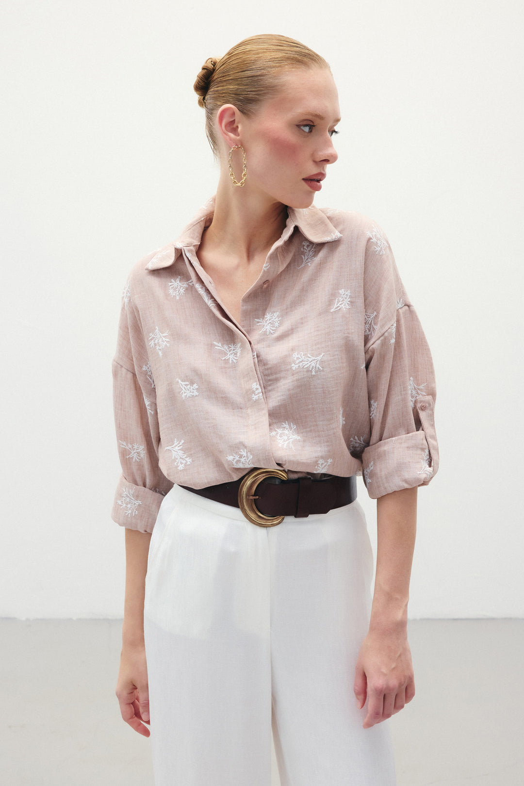 Sateen Chemise Ample Brodée - Poudre