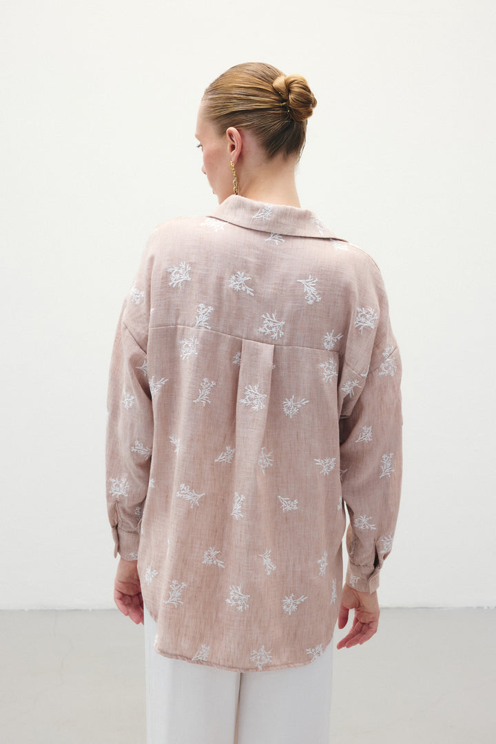 Sateen Chemise Ample Brodée - Poudre