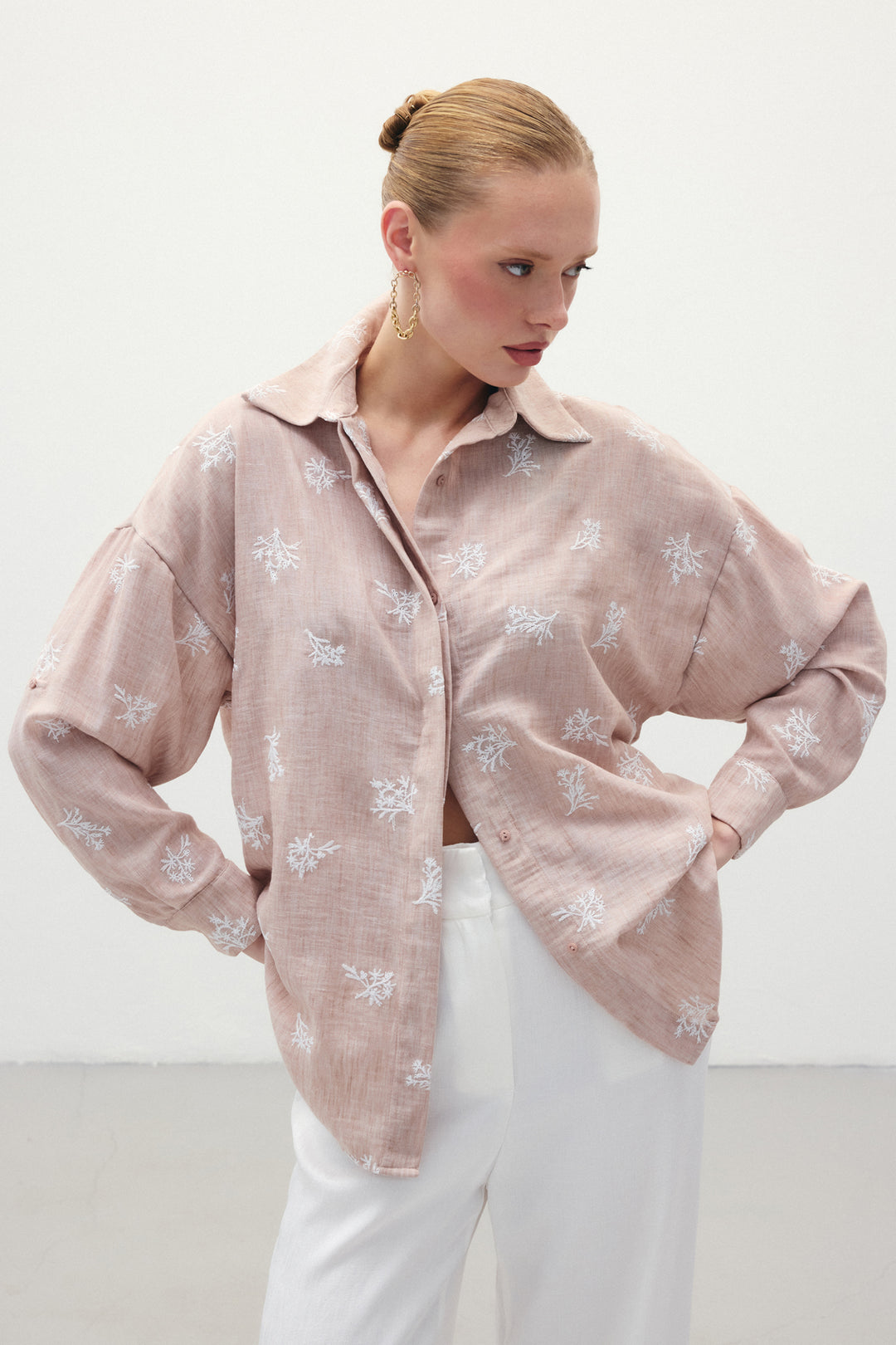 Sateen Chemise Ample Brodée - Poudre