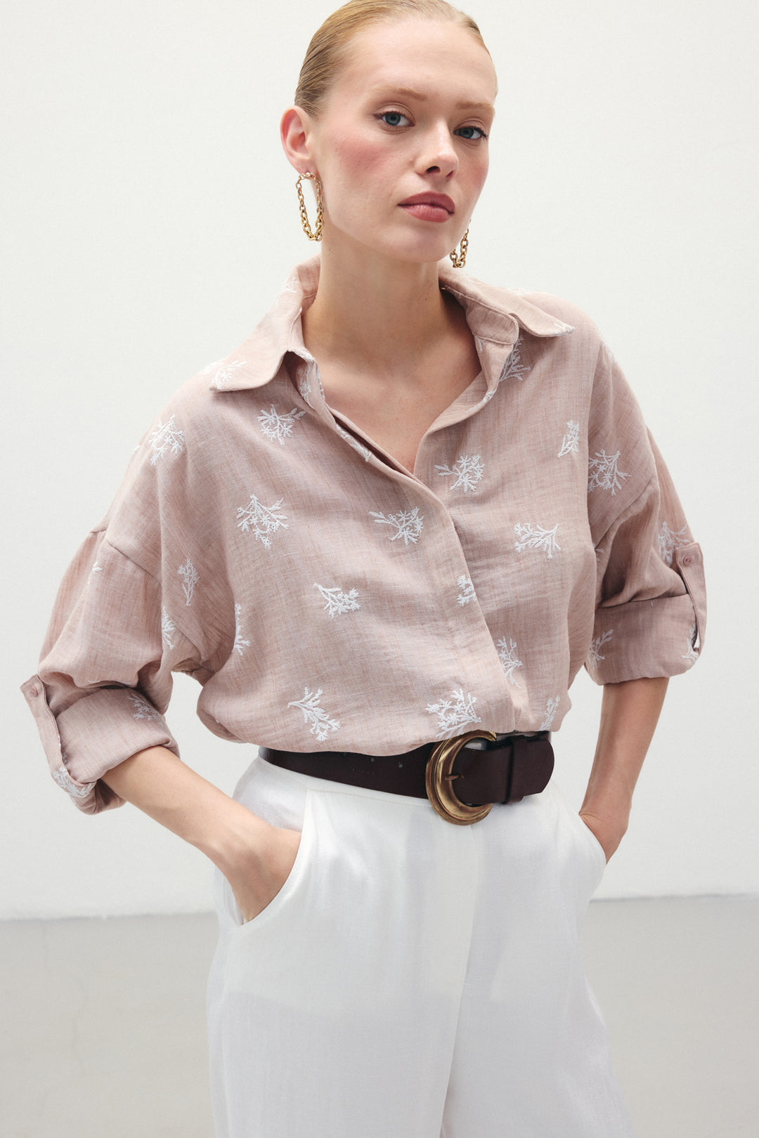 Sateen Chemise Ample Brodée - Poudre