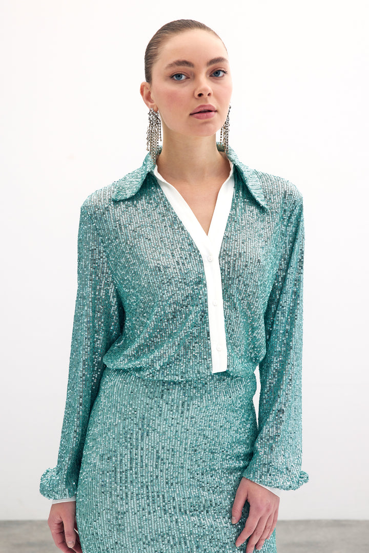 Sateen Chemise ample à paillettes - Menthe