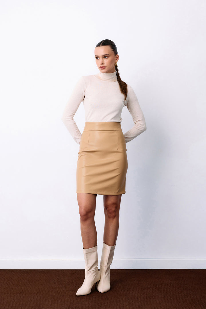 Sateen Jupe en Cuir avec Doublure - Beige