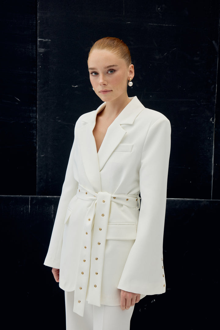 Sateen Veste Serana à Détails de Ceinture - Écru
