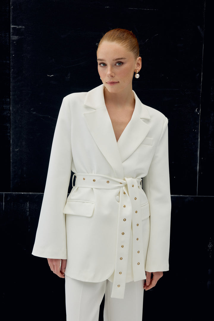 Sateen Veste Serana à Détails de Ceinture - Écru