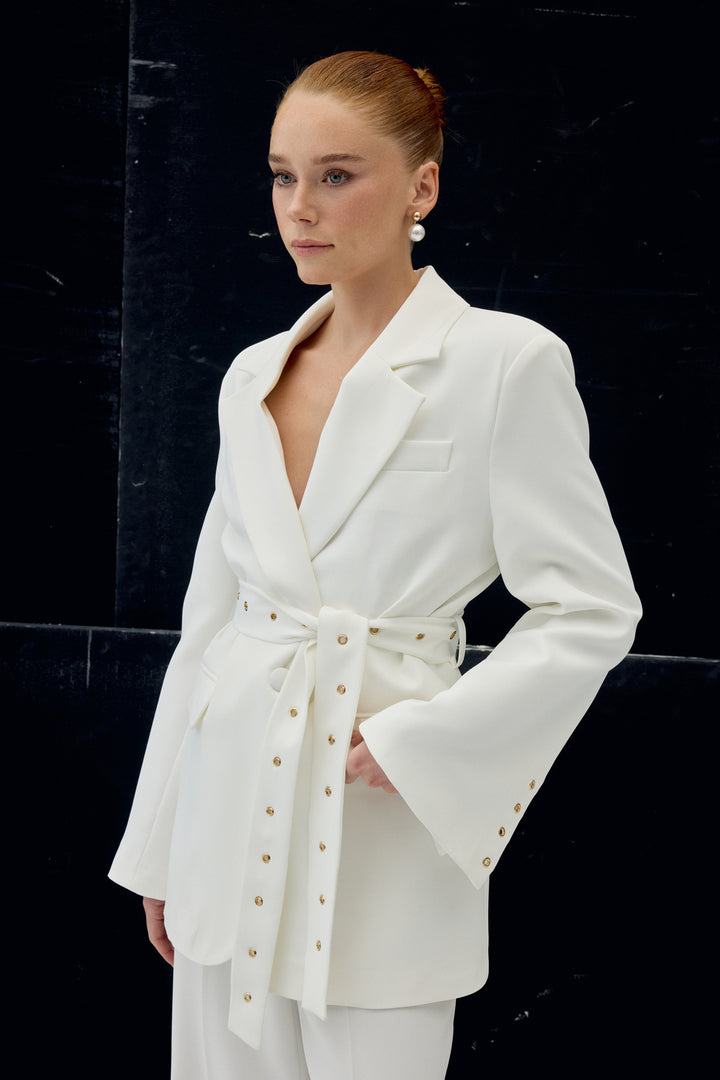 Sateen Veste Serana à Détails de Ceinture - Écru