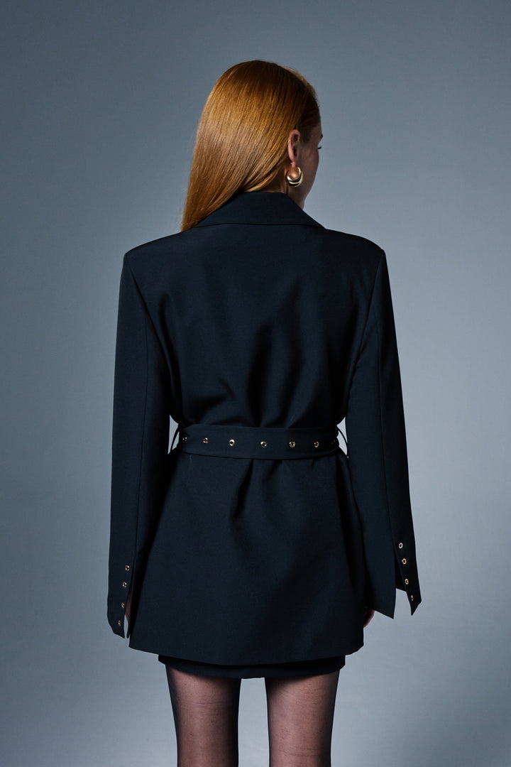 Sateen Veste à Détail Ceinture Serana - Noir