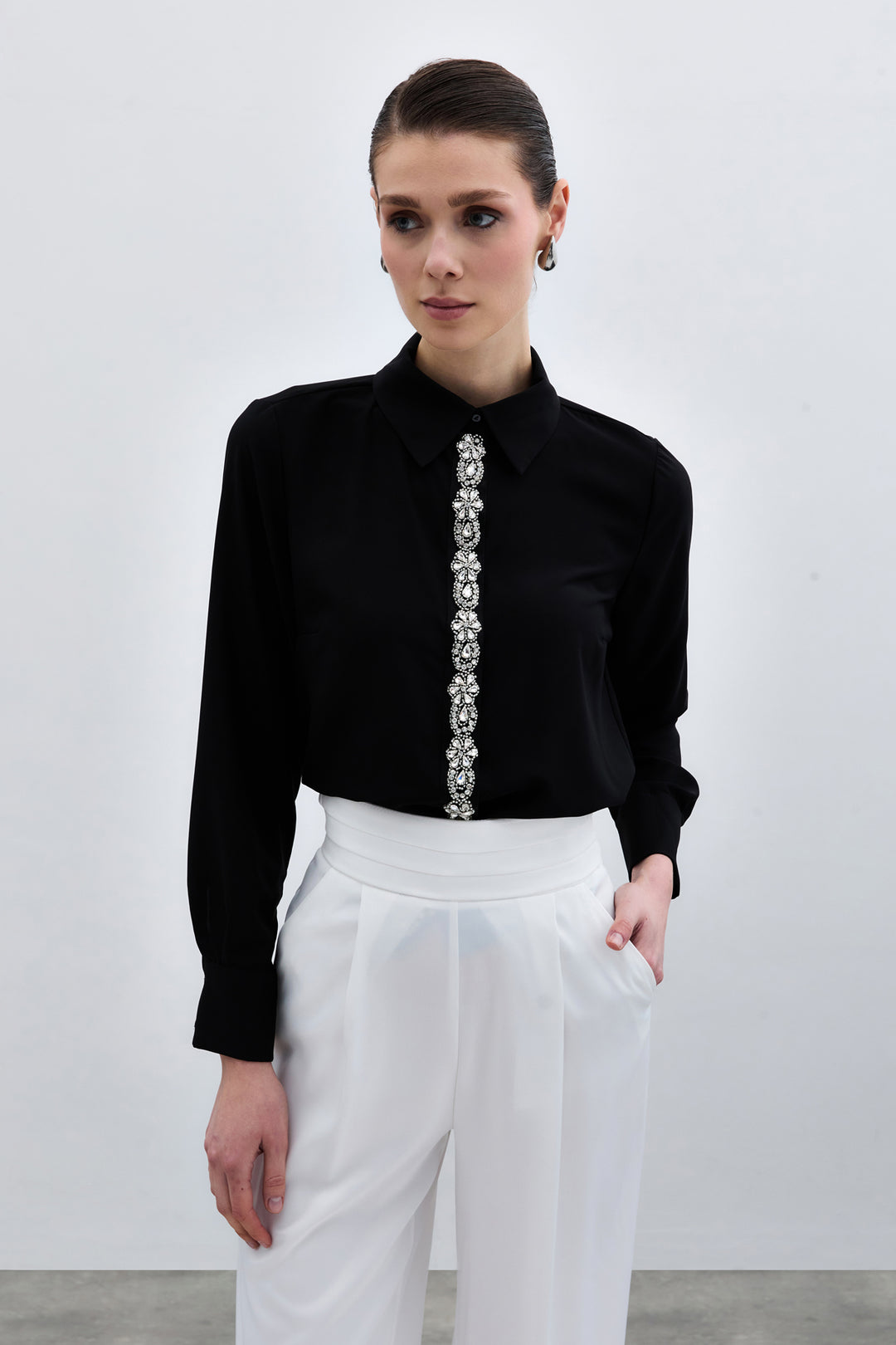 Sateen Chemise Avec Détails Rayés - Noir