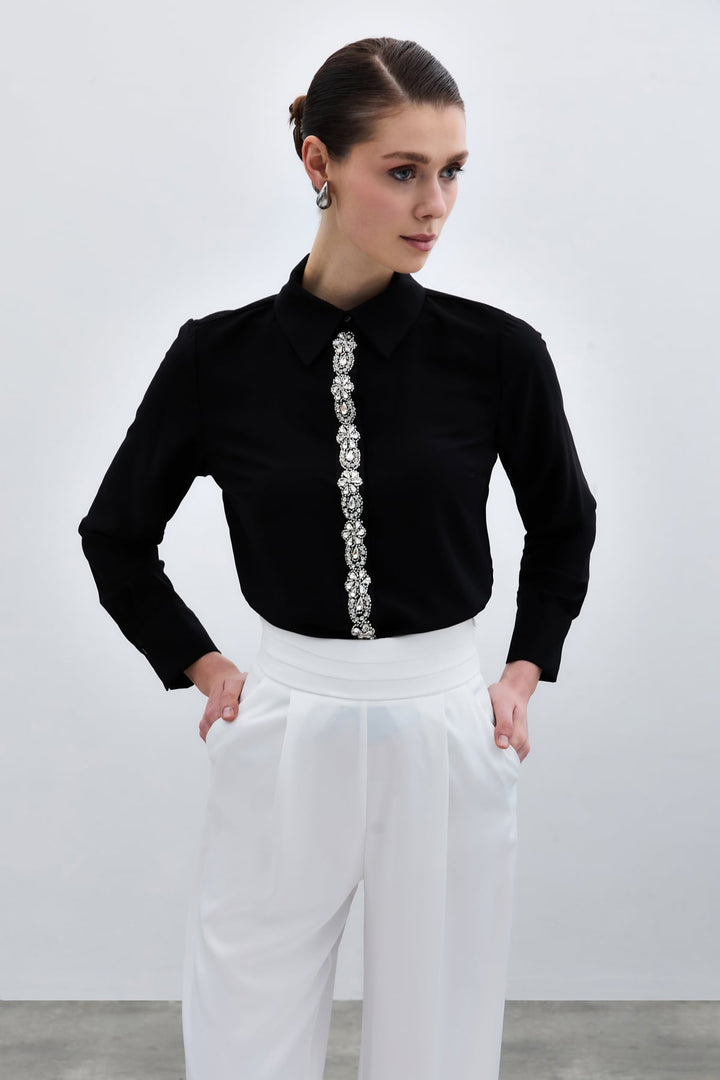 Sateen Chemise Avec Détails Rayés - Noir