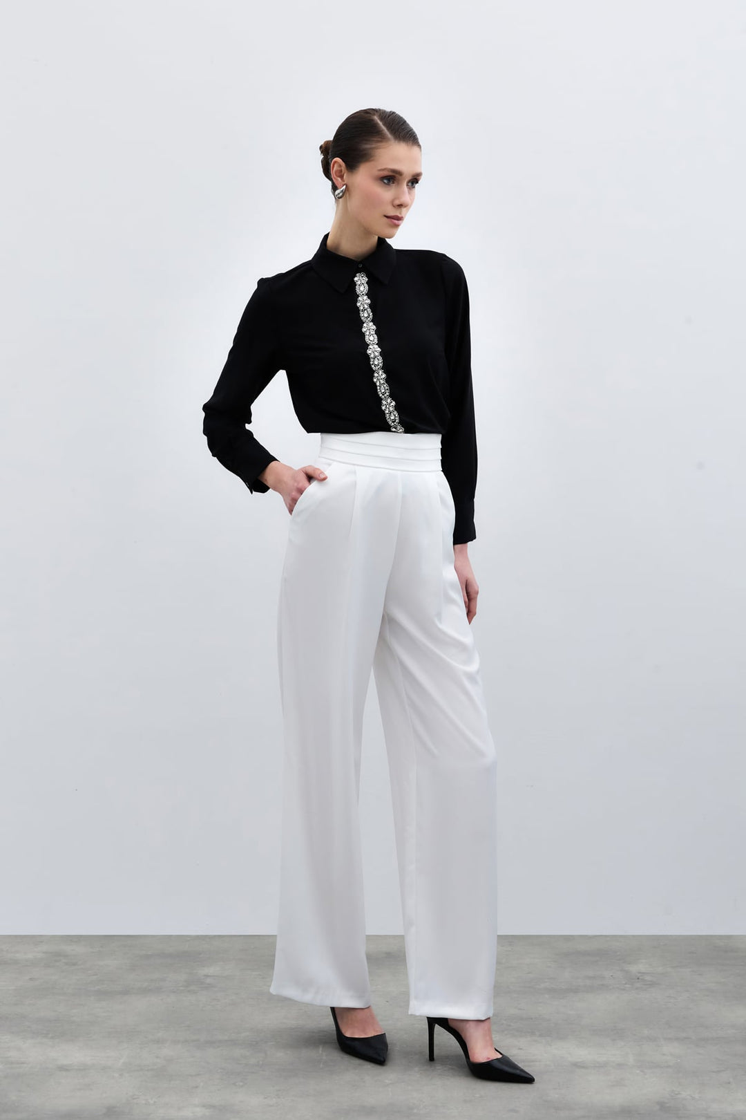 Sateen Chemise Avec Détails Rayés - Noir