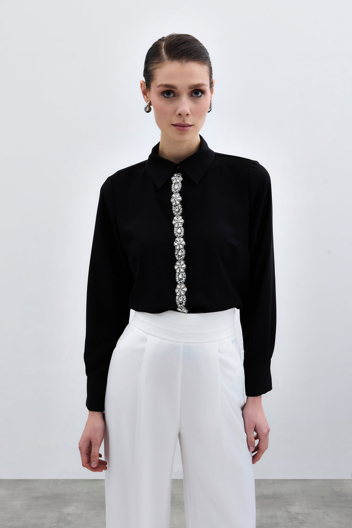 Sateen Chemise Avec Détails Rayés - Noir