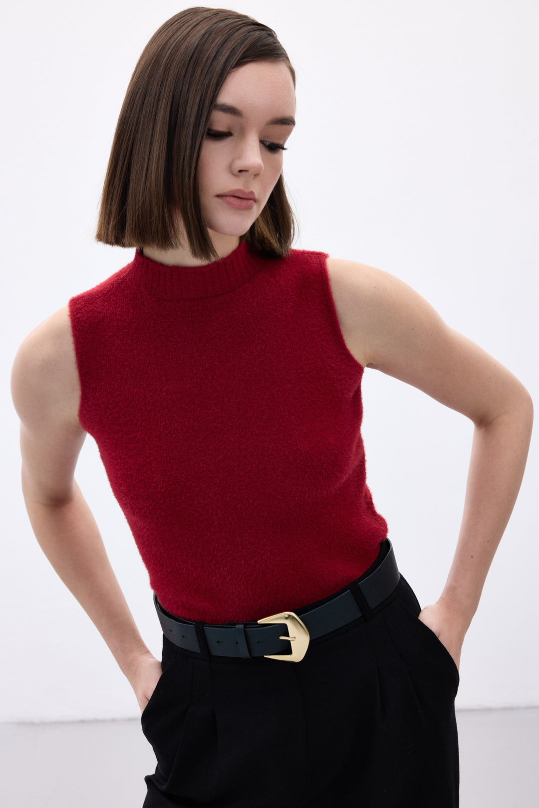 Sateen Blouse Tricot à Manches Courtes sans Col - Bordeaux