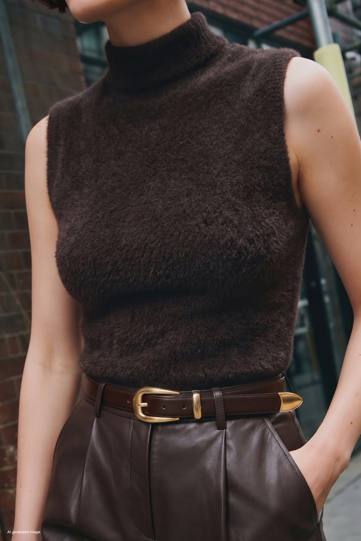 Sateen Blouse en tricot à col zéro avec poils - Marron