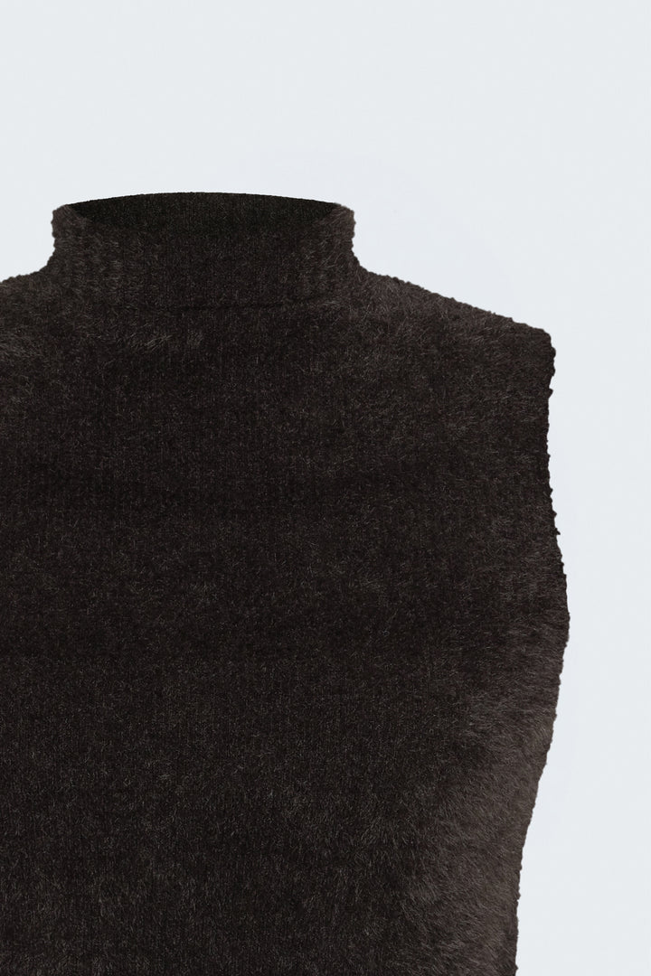Sateen Blouse en tricot à col zéro avec poils - Marron