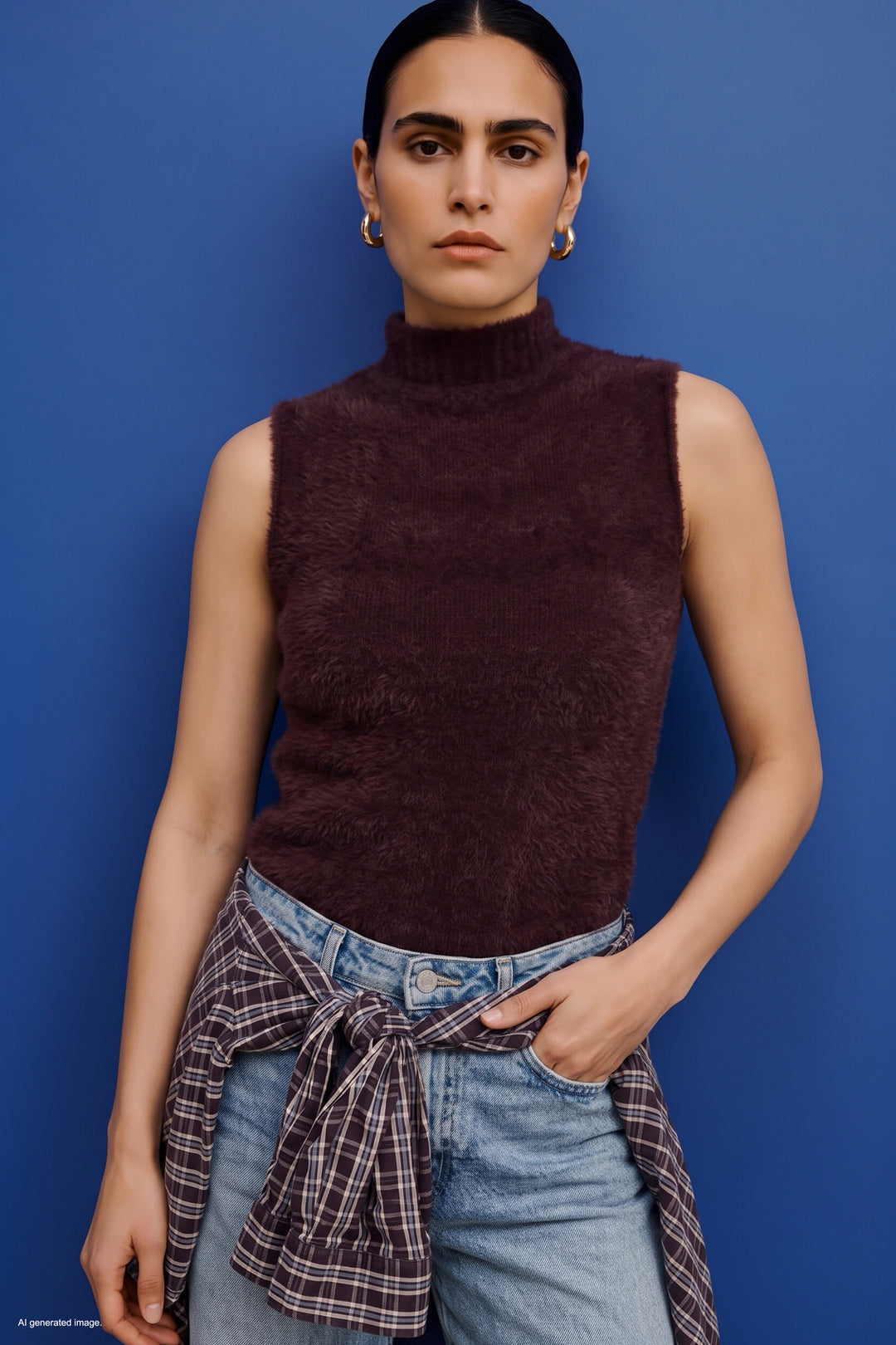 Sateen Blouse en tricot sans manches avec barbe - Prune