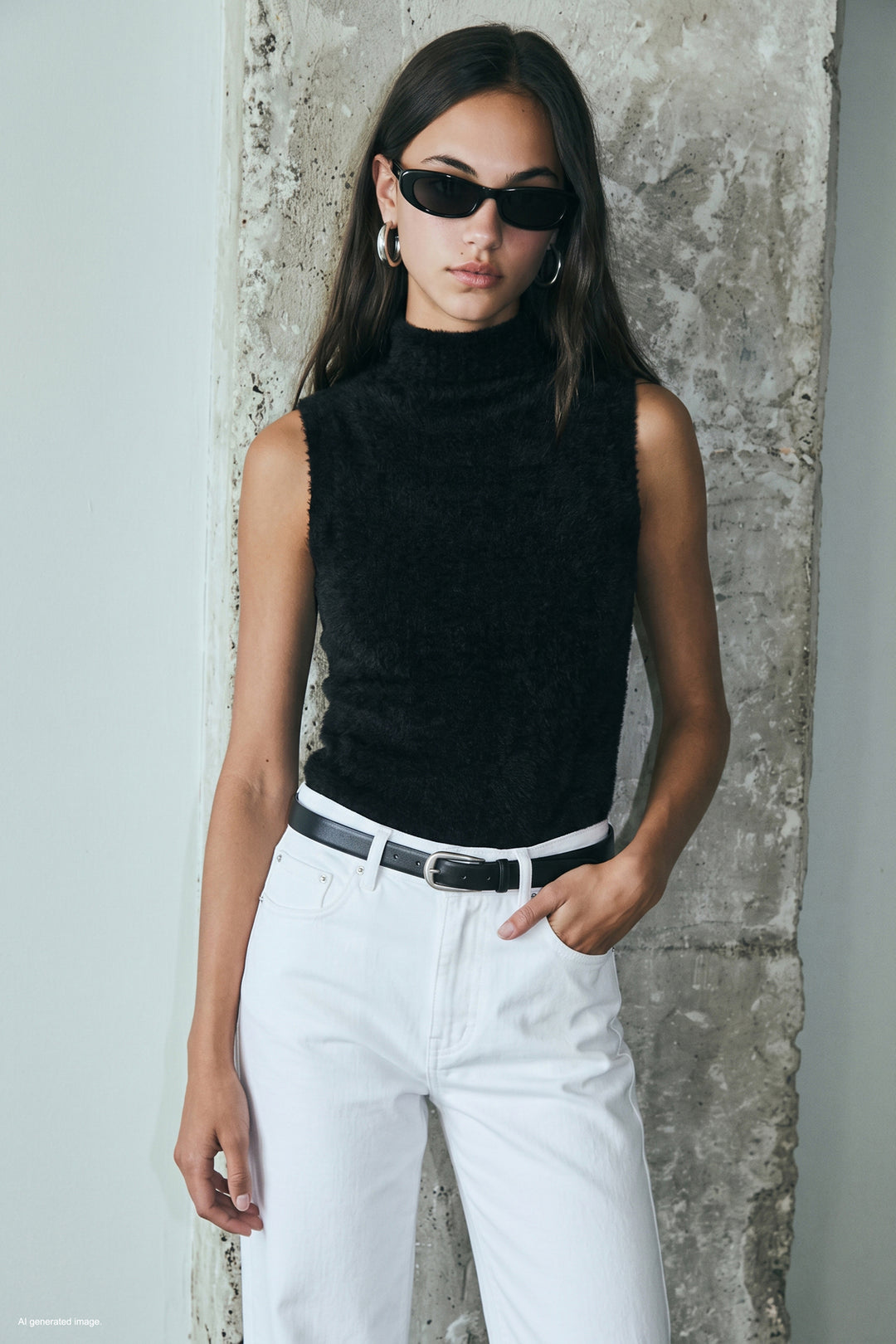 Sateen Blouse en tricot à col zéro avec poils - Noir