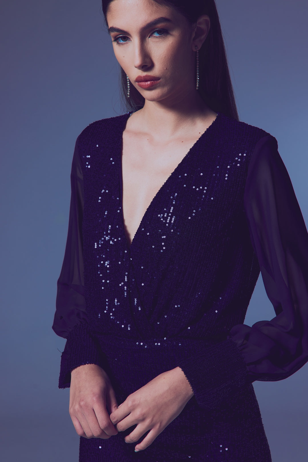 Sateen Blouse body à manches en chiffon - Bleu marine