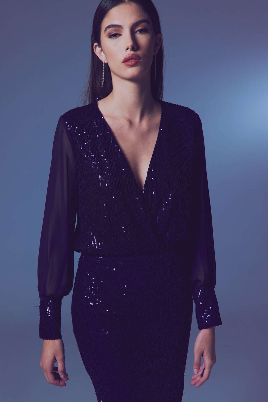 Sateen Blouse body à manches en chiffon - Bleu marine
