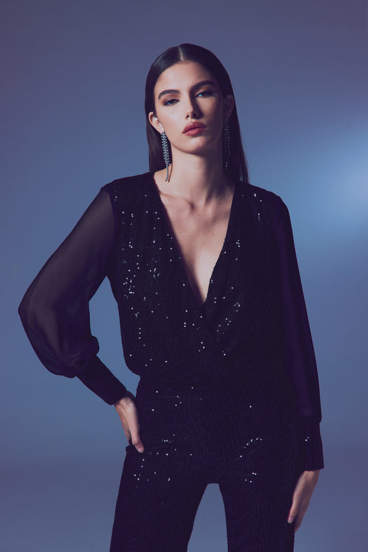 Sateen Blouse body à manches en chiffon - Noir