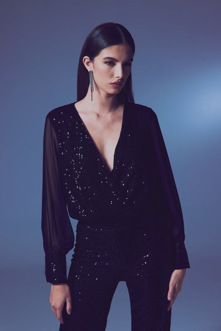 Sateen Blouse body à manches en chiffon - Noir