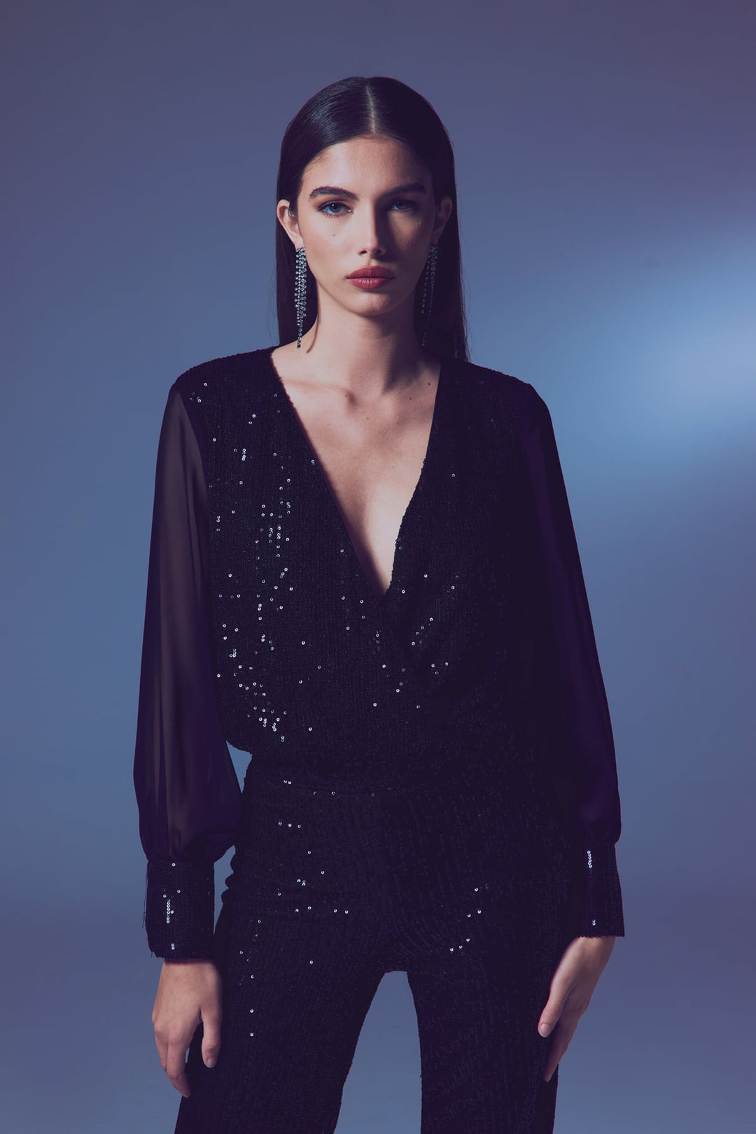Sateen Blouse body à manches en chiffon - Noir