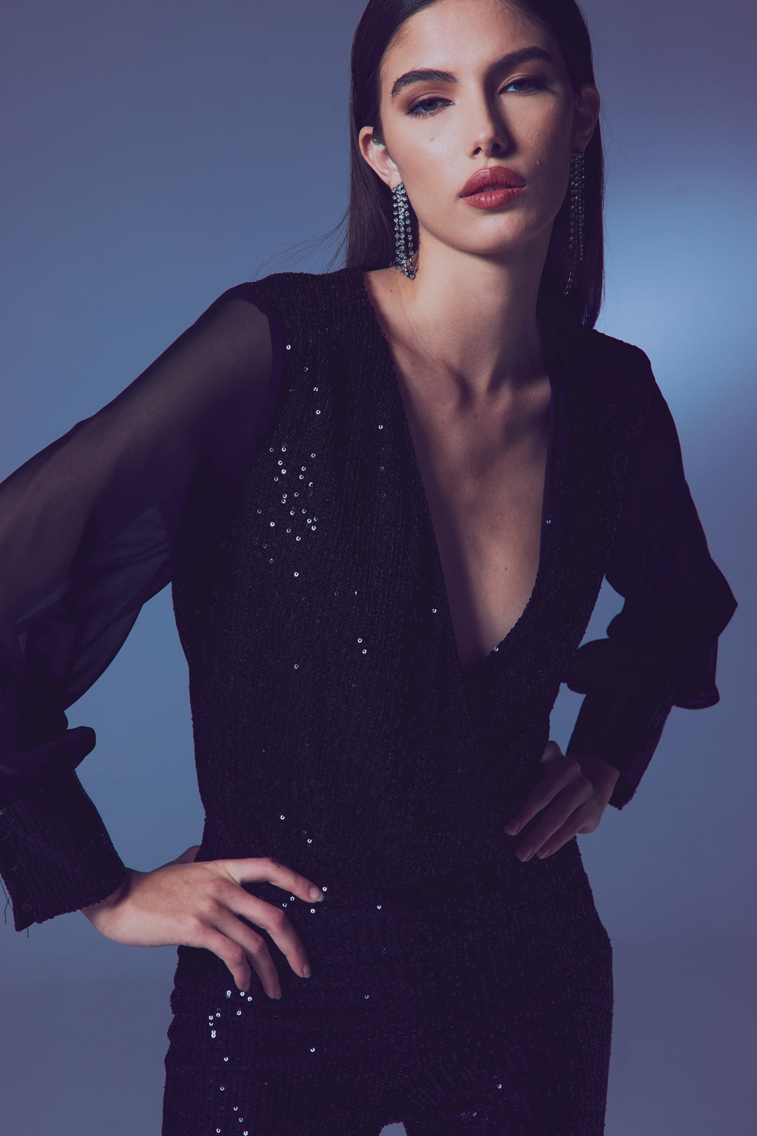 Sateen Blouse body à manches en chiffon - Noir