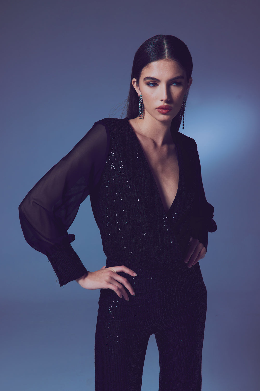 Sateen Blouse body à manches en chiffon - Noir