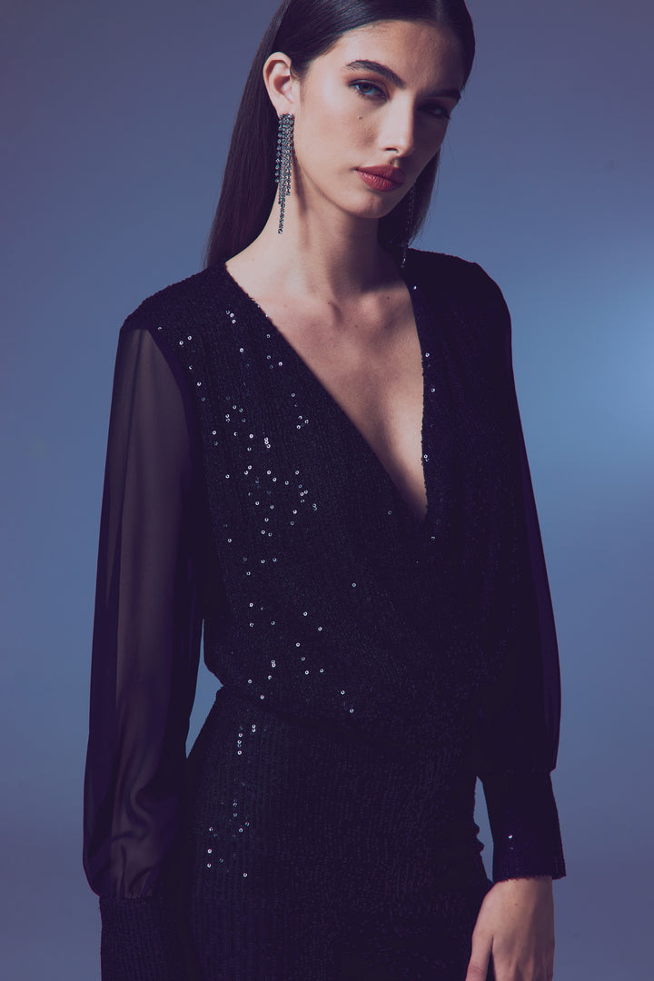 Sateen Blouse body à manches en chiffon - Noir