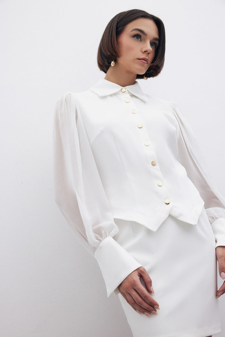 Sateen Chemise à manches en chiffon - Écru