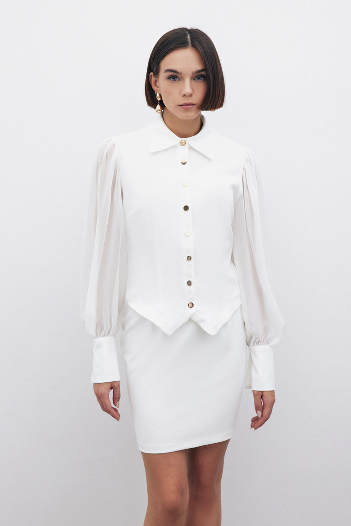 Sateen Chemise à manches en chiffon - Écru