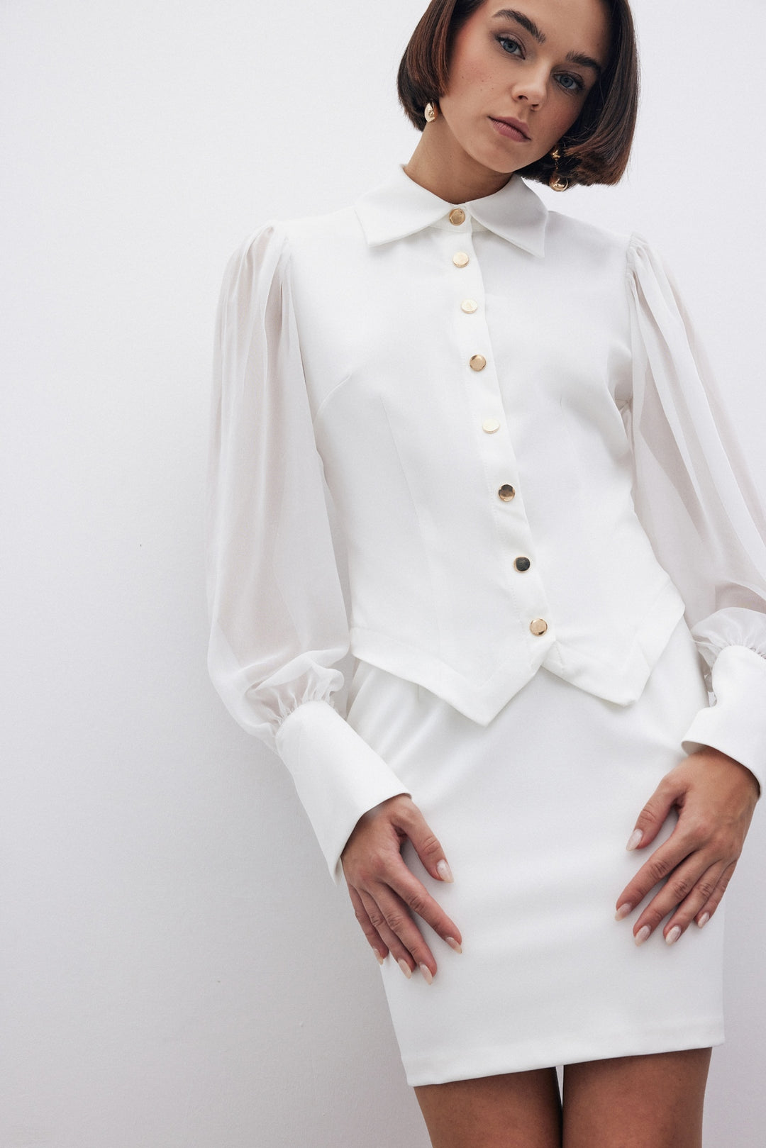 Sateen Chemise à manches en chiffon - Écru