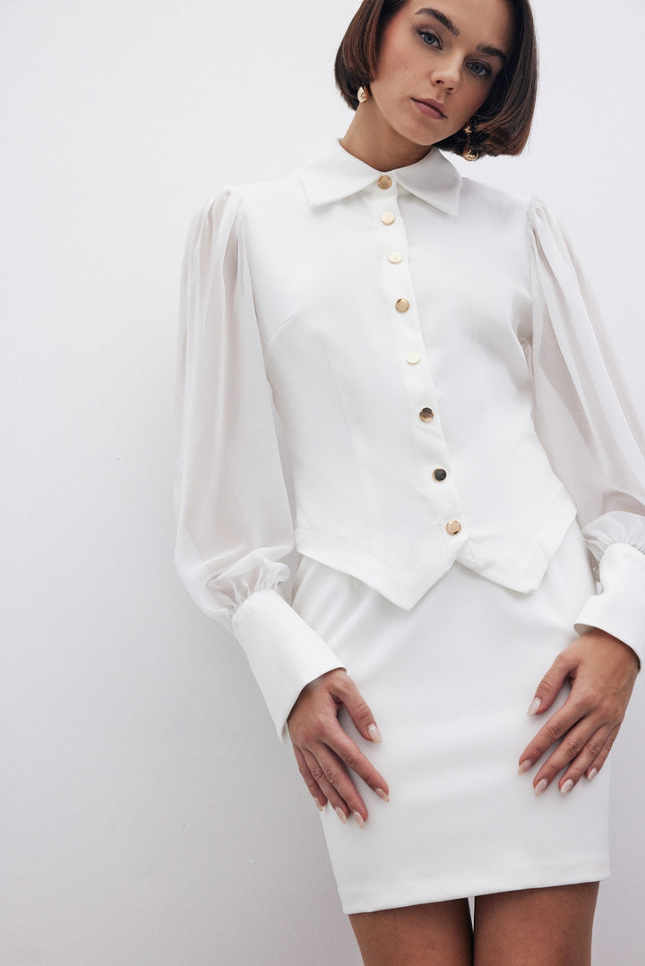 Sateen Chemise à manches en chiffon - Écru