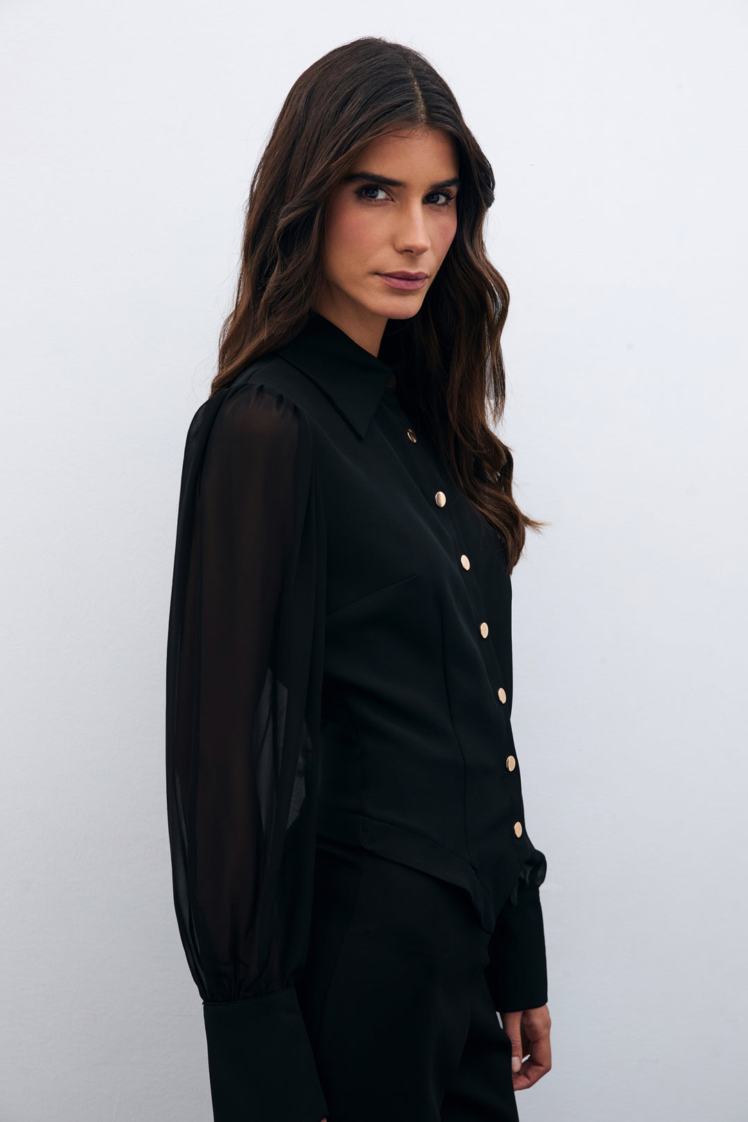 Sateen Chemise à manches en chiffon - Noir