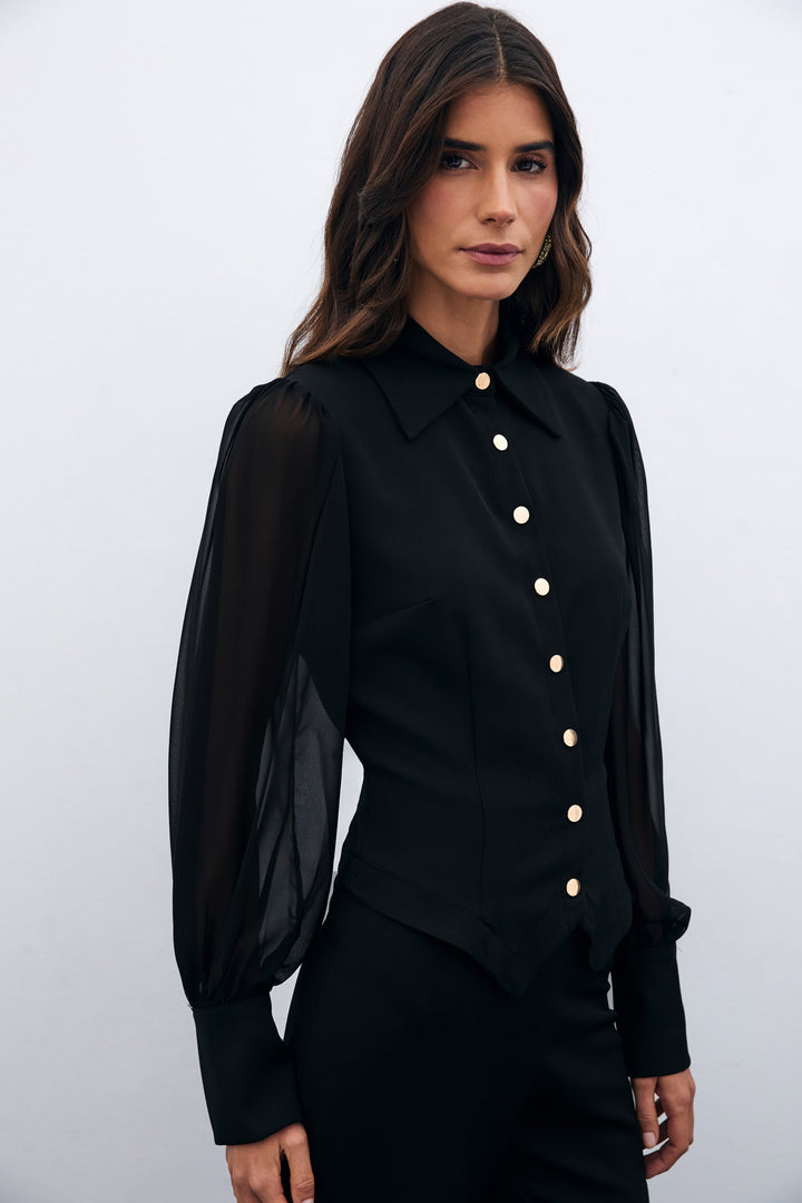 Sateen Chemise à manches en chiffon - Noir