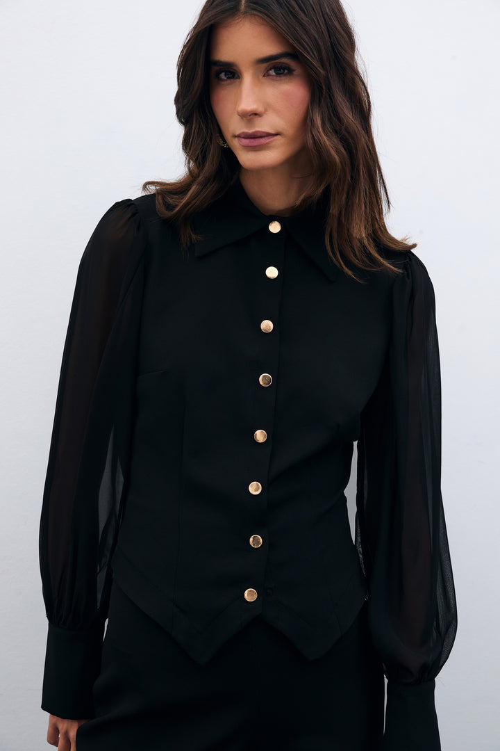 Sateen Chemise à manches en chiffon - Noir