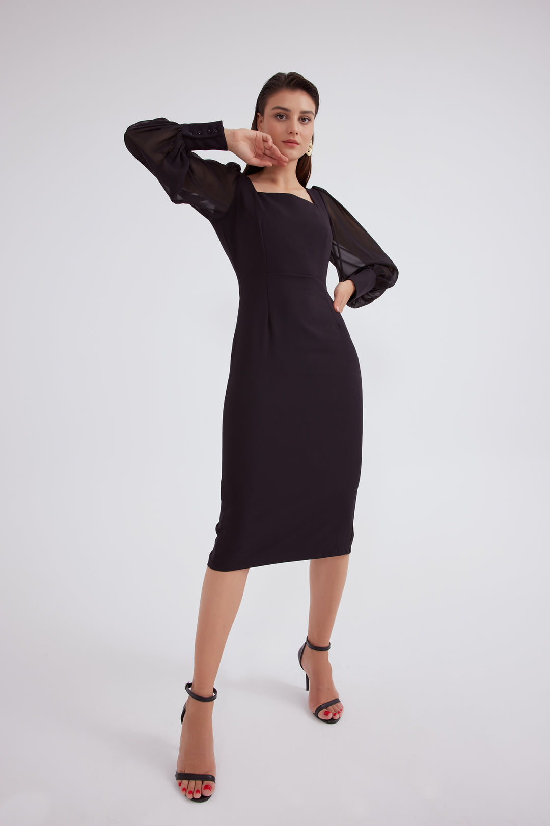 Sateen Robe en crêpe à manches en chiffon - Noir