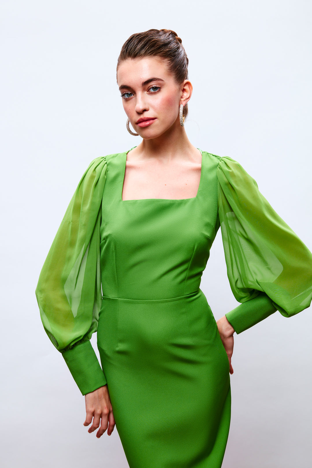 Sateen Robe en crêpe à manches en chiffon - Vert