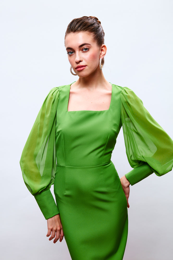 Sateen Robe en crêpe à manches en chiffon - Vert