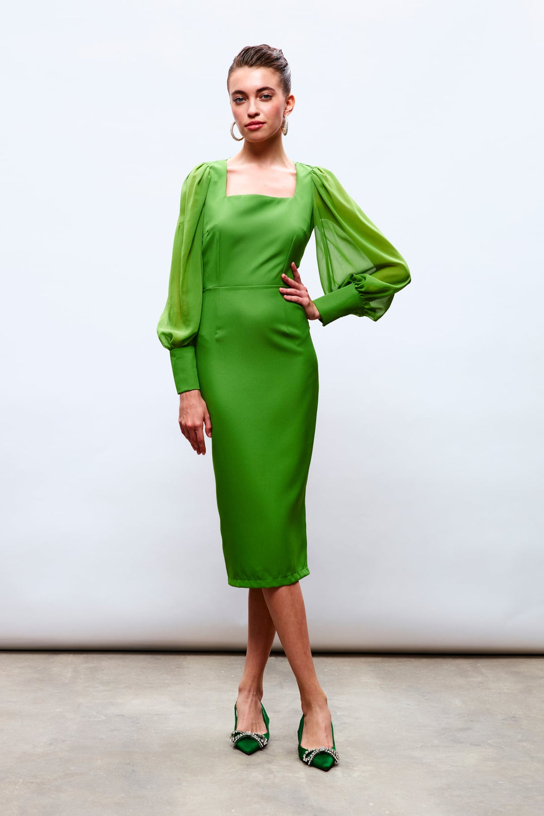 Sateen Robe en crêpe à manches en chiffon - Vert