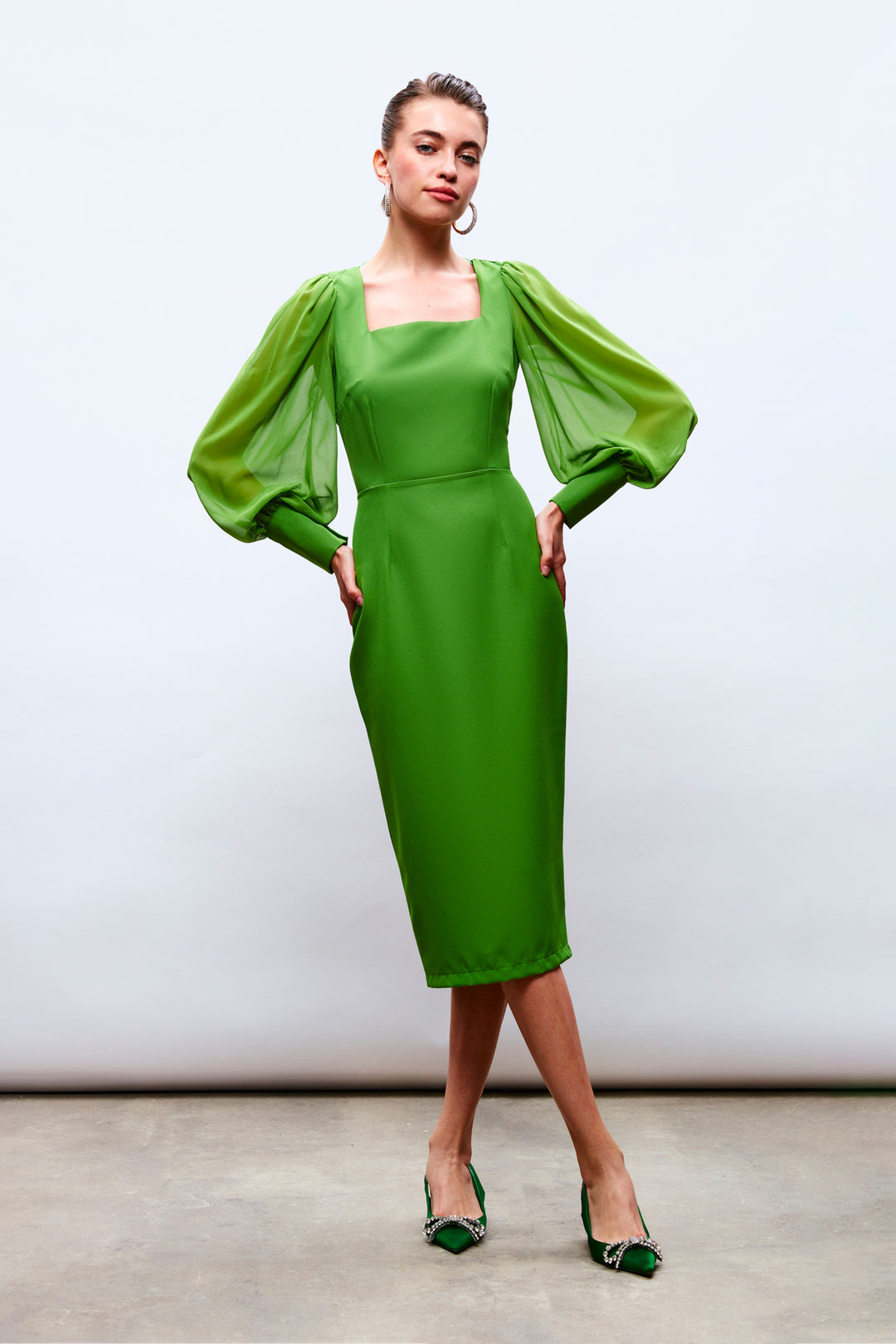 Sateen Robe en crêpe à manches en chiffon - Vert