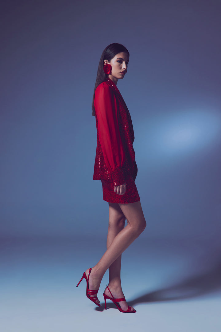 Sateen Veste à paillettes à manches en chiffon - Rouge
