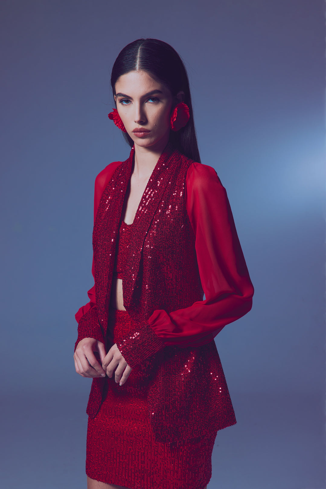 Sateen Veste à paillettes à manches en chiffon - Rouge